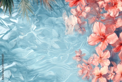 Pink tropical flowers floating on clear blue water under sunlight. Relaxing summer composition with reflections and ripples, for spa, wellness, vacation, tropical mood, or beauty-related backgrounds