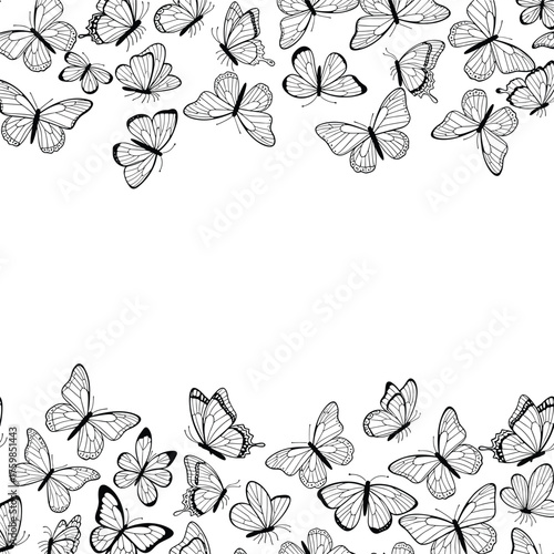 A whimsical scattering of detailed black and white butterflies fills the upper and lower borders of the frame.