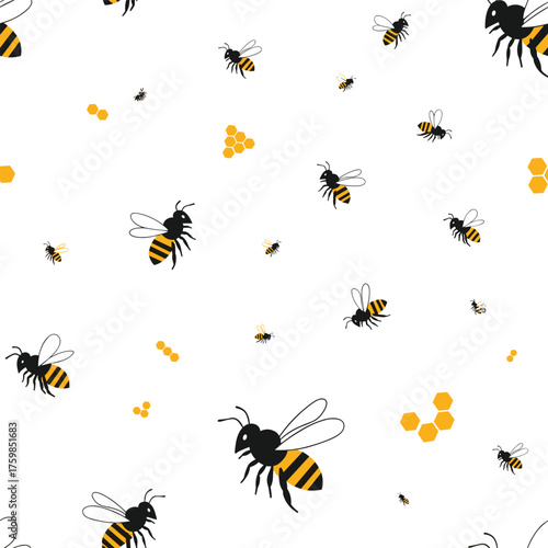 A pattern of flying bees and honeycomb cells in yellow and black on a white background.