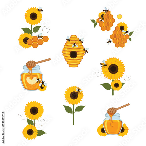 A charming collection of sunflowers and honeycombs with busy bees illustrating nature's sweet harmony.