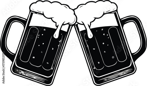 Two frothy mugs of dark beer clinking in a celebratory toast