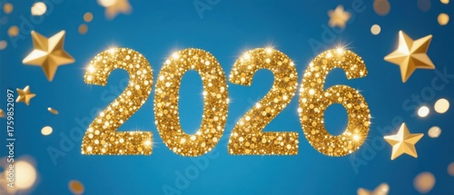 Golden 2026 with stars on blue background