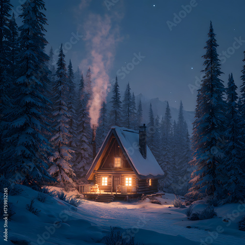 Lightened house in the snowy forest
