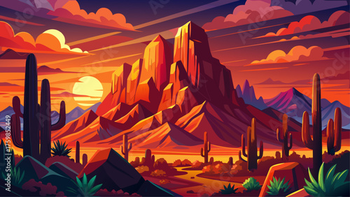 Very beautiful Camelback Mountain in Phoenix–Scottsdale, Arizona, USA, glowing under the late evening sun that casts warm red light across the desert landscape, a stunning Southwest hiking destination