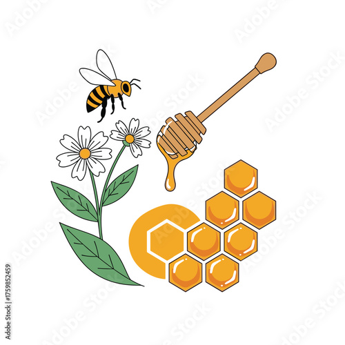 Sweet honey dripping from a wooden dipper surrounded by blooming flowers and a busy bee near a honeycomb.
