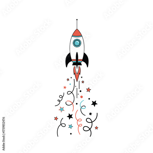 A whimsical rocket blasting off into a starry celebration of confetti and streamers.
