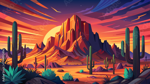 Very beautiful Camelback Mountain in Phoenix–Scottsdale, Arizona, USA, glowing under the late evening sun that casts warm red light across the desert landscape, a stunning Southwest hiking destination