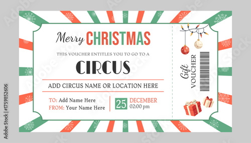 Flat vector Christmas circus gift ticket decorated with red and green festive stripes, snowflakes, gifts, and string lights. Ideal for winter circus shows, invitations, posters, or holiday event 