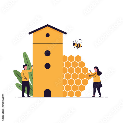 People working together to build a beehive and honeycomb structure.