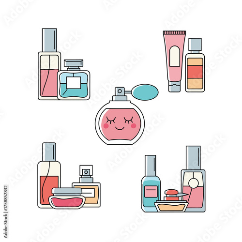 A collection of various stylized perfume bottles and cosmetic containers on a white background.