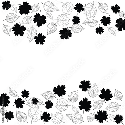 A decorative border featuring stylized maple leaves and assorted foliage in a monochrome design.