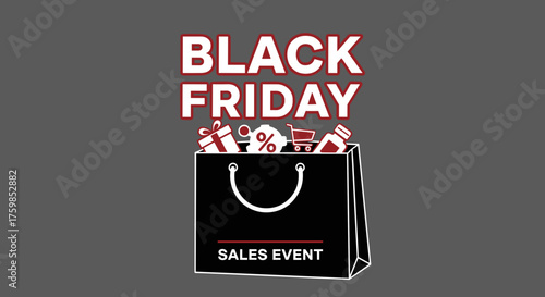 Black Friday Sales Event banner with shopping bag and icons Retail promotion and discount concept