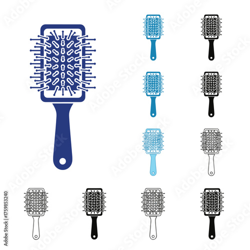 A collection of different hair brush icons in various styles and colors for your design needs.