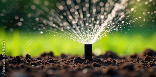 Close-up view of a sprinkler head gently watering dry soil, revitalizing the thirsty earth The water droplets create a refreshing mist above the parched ground , water, texture