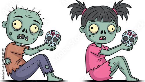 Cartoon zombie children, festive skulls, Day of the Dead theme, spooky cute illustration, Halloween undead kids, colorful horror artwork