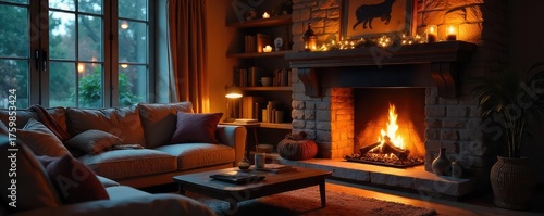 Cozy living room scene featuring a crackling fireplace, soft blankets, and warm lighting, perfect for a relaxing evening at home , serene, ambiance