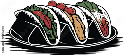 A vibrant illustration depicting delicious tacos presented on a black platter