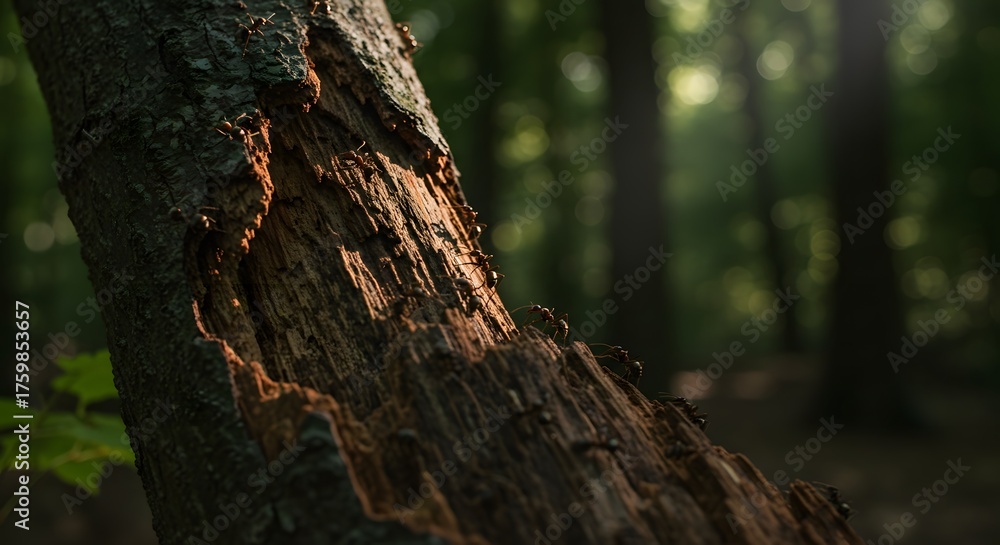 Obraz premium Close-up of a decaying tree trunk with ants crawling, dappled sunlight in the forest