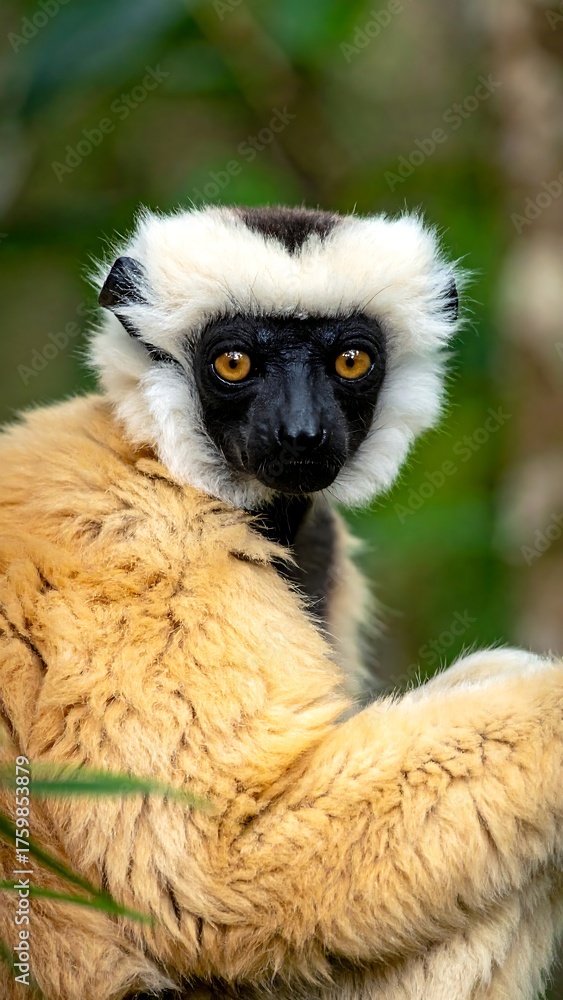Fototapeta premium Close-up shot of a primate with tan fur, black face, white fringe, and big, yellow eyes