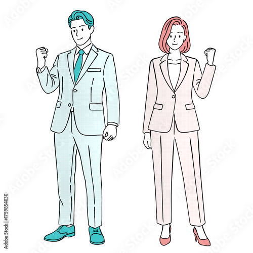 ガッツポーズで決意を示す男女ビジネスパーソンの線画イラスト,成功,達成,勝利,ビジネス,全身
