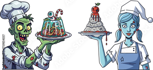Zombie chef characters, spooky desserts, Halloween cooking theme, creepy gelatin treat, cartoon horror kitchen, festive undead bakers, eerie food illustration