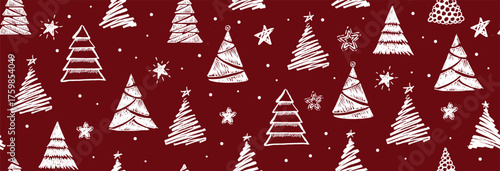 Christmas tree white on red, hand drawn illustrations.	