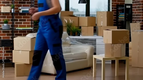 Professional movers handling cardboard boxes during relocation into new house carefully