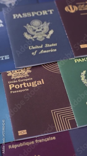 A background of several passports from different countries, an international ID card. Passport