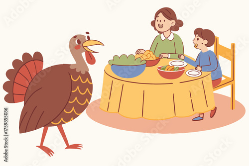 The turkey comes alive and joins the family meal.