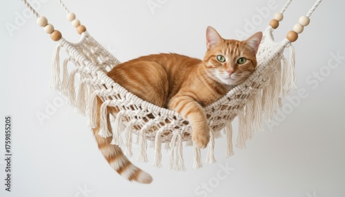 Cozy domestic scene of a ginger tabby lounging in a macrame pet hammock with tassels
