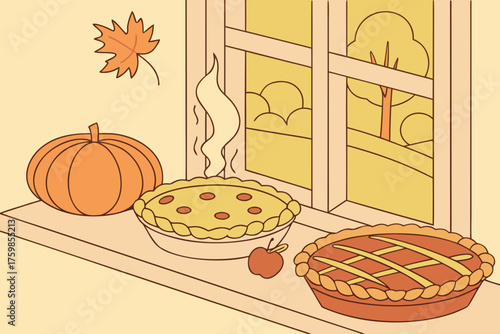 Thanksgiving pies cooling on a windowsill in Indiana.