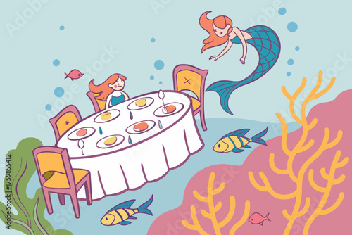 Thanksgiving banquet hosted by mermaids underwater.