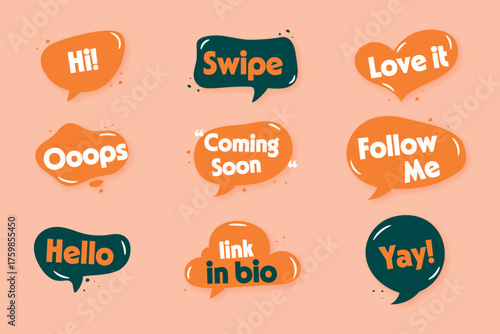 Trendy Social Media Speech Bubbles with Catchy Phrases Set of Vector Illustrations Hi Swipe Love it Ooops Coming Soon Follow Me Hello Link in Bio and Yay Graphic Design Elements