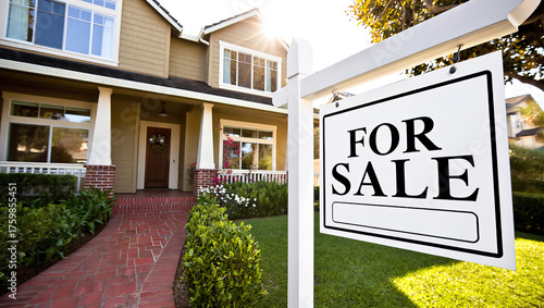 Charming home for sale surrounded by lush greenery and brick walkway, large house has a for sale sign in front of it.	
