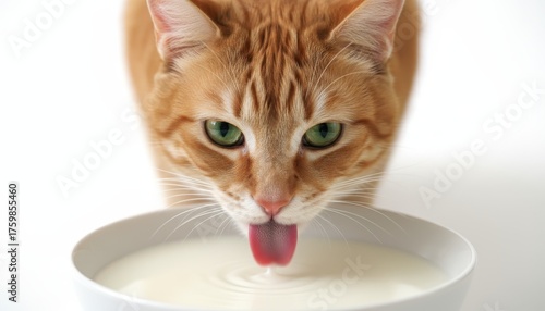 Tight studio close‑up of a ginger tabby lapping milk from a white bowl