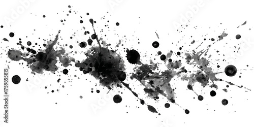 Abstract black ink splatters and splashes creating a dynamic and artistic brushstroke effect on a white background