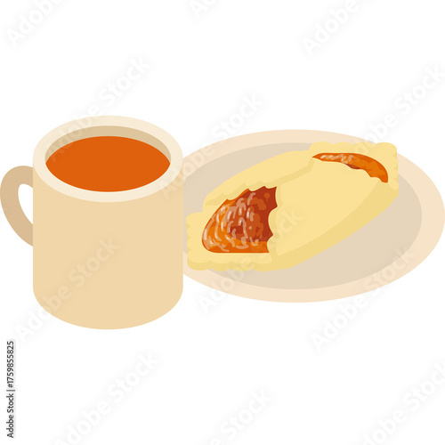 Isometric Coffee Mug with Orange Beverage and Filled Pastry on Plate on Transparent Background