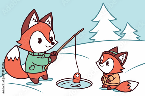 Cartoon foxes ice fishing for cranberry sauce.