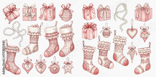 Elegant watercolor collection of vintage-style pink and white Christmas decorations, featuring festive gift boxes, intricately patterned stockings, and delicate ornaments.