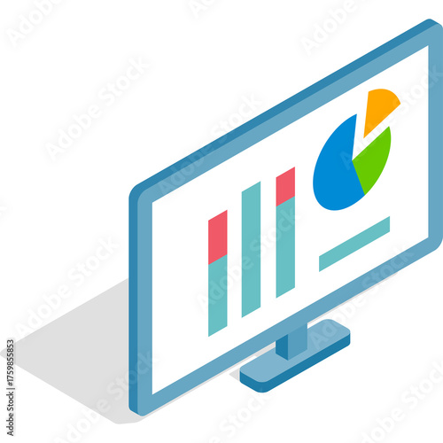 Isometric Computer Monitor Displaying Colorful Bar and Pie Charts on White Background with Soft Shadow Business Analytics Data Visualization Concept