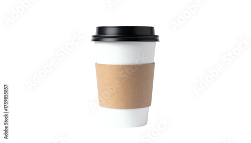 Isolated paper coffee cup with a black lid and cardboard sleeve, against a black background