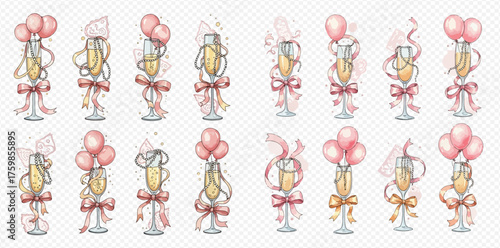 A collection of elegant champagne flutes decorated with pink balloons, ribbons, and confetti, perfect for celebrations and festive occasions.