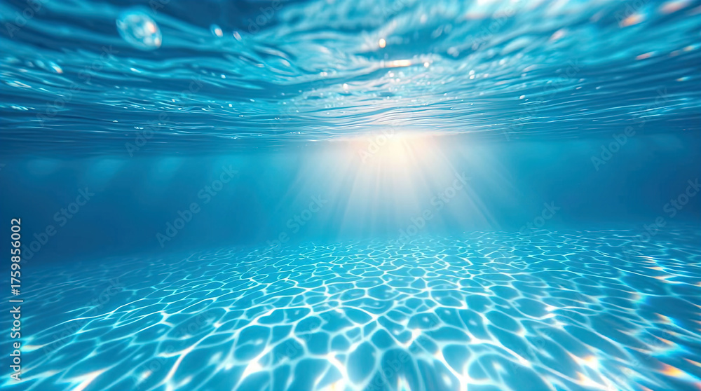 Obraz premium A view beneath clear blue water, rays of light penetrating the water's surface.