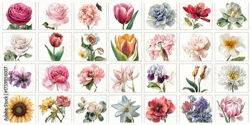 Collection of  vibrant and delicate watercolor floral illustrations on a white background