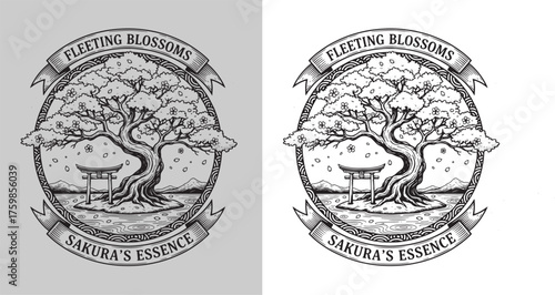 Cherry Blossom Tree and Torii Gate on Island with "Fleeting Blossoms" and "Sakura's Essence" Banners