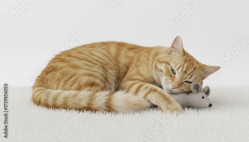 Comforting scene of a ginger tabby curled on a white textured rug, cuddling a small knit mouse toy
