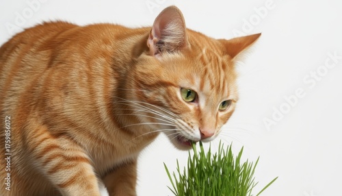 Studio image of a ginger tabby biting a tuft of fresh cat grass