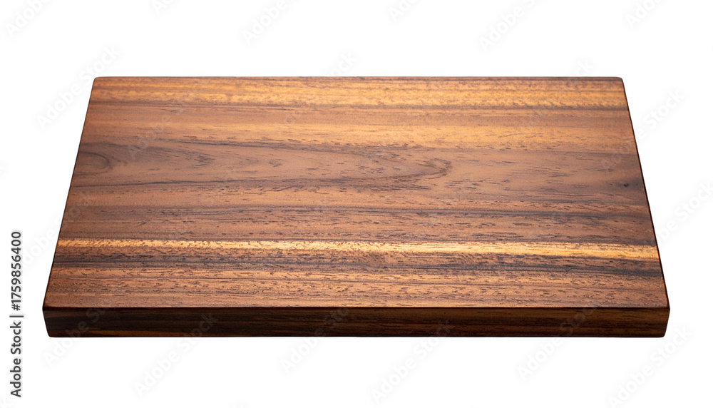 Fototapeta premium A rectangular wooden cutting board with rich wood grain against a black background