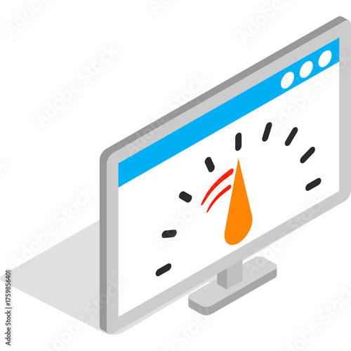 Isometric computer monitor displaying performance gauge with orange needle and red marker on white background with black shadow