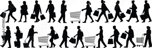 Shopping silhouette vector, people with bags and carts, retail behavior illustration, consumer lifestyle icon, walking shoppers, market scene, black figures
